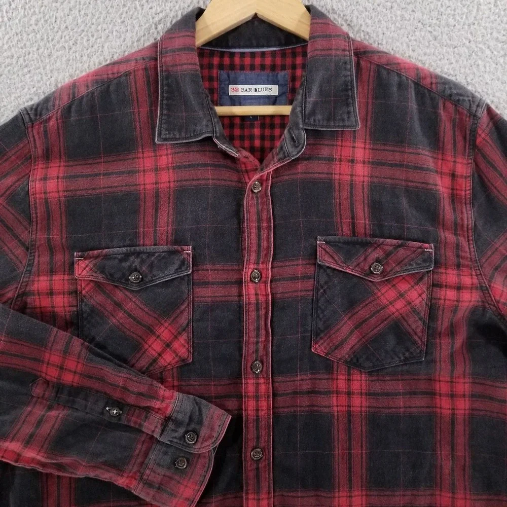 32 Bar Blues Shirt Mens Large Black Plaid Double Wall Layer Buffalo Check Plaid